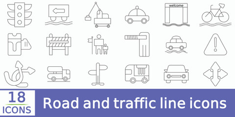 Road and traffic line icons collection. Street, transport, fuel, vehicle, location, car service icons.