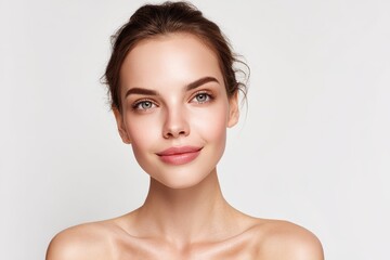 Joyful young woman with flawless skin against a white backdrop Portrait of an attractive female model with vivid expressions Beauty and wellness themes