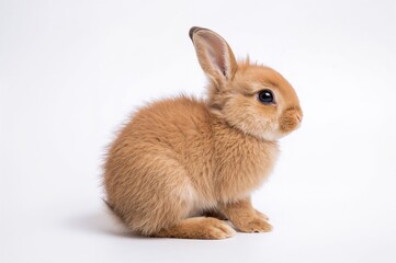 Fototapeta premium Profile of an adorable young brown bunny at two months old, sitting and gazing into the distance against a white background