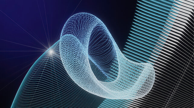 Abstract Data Visualization with Interconnected Network and Light Streaks on Dark Blue Gradient Background Design