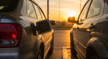 Fototapeta premium Cars at gas station sunset