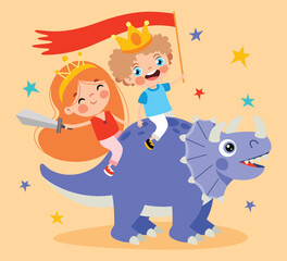 Cartoon Kid Riding Cute Dinosaur
