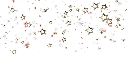 Festive holiday background featuring falling golden stars, snowflakes, and red accents on a clean white backdrop. Perfect for Christmas, New Yea