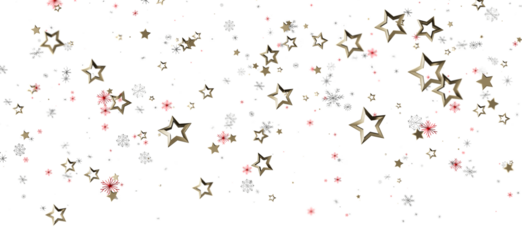 Festive holiday background featuring falling golden stars, snowflakes, and red accents on a clean white backdrop. Perfect for Christmas, New Yea