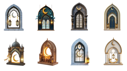 Collection of 3D mosque window with a crescent moon and lantern floating beside it, adorned with elegant, fluttering ribbons. full length isolate on transparent background
