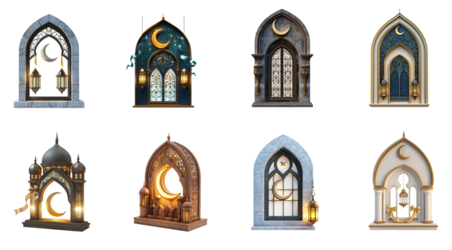 Collection of 3D mosque window with a crescent moon and lantern floating beside it, adorned with elegant, fluttering ribbons. full length isolate on transparent background