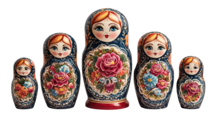 Traditional Russian Matryoshka Nesting Dolls with Floral Patterns Isolated on White Background