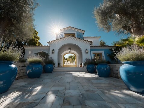 Mediterranean villa entrance with terracotta pots and blue accents under sunny sky, coastal architecture radiating warmth and charm, ideal for travel magazine, lifestyle blog or summer catalog