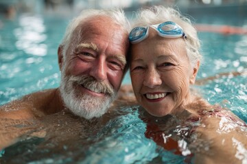 joyful senior couple in the water