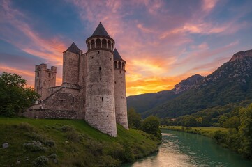 Fototapeta premium Sunset view featuring ancient towers beside a flowing river.
