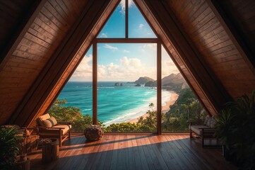 Peaceful A-frame cabin interior with ocean views. Comfortable minimalist sanctuary embraced by natural beauty and stunning scenery.