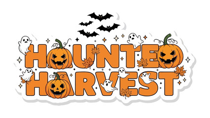 Spooky Halloween Decor: This image is of a Haunted Harvest title with smiling pumpkins, floating ghosts, and bats silhouetted against a sticker background.