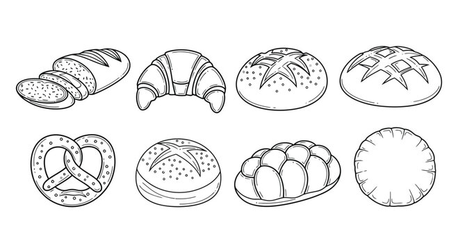 Hand drawn bakery assortment collection freshly baked breads and pastries line art vector - Powered by Adobe