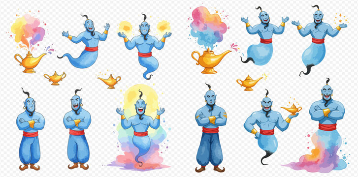 Collection of genie illustrations with lamps and colorful smoke.