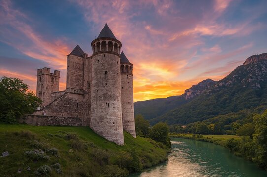 Sunset view featuring ancient towers beside a flowing river.