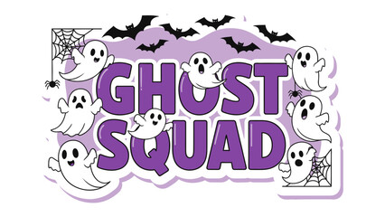 Ghost Squad: A whimsical design featuring playful ghosts, bats, and spiderwebs, set against a vibrant purple background. Perfect for Halloween or spooky-themed projects.