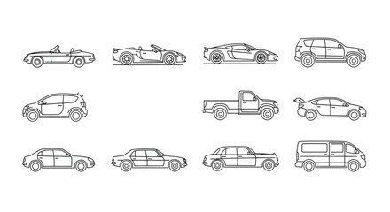 Collection of diverse vehicle silhouettes featuring sports cars trucks and suvs in sketch style vector © mahafuza