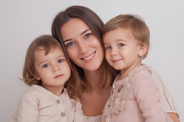 mother and her two kids on a bright backdrop
