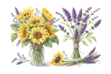 Sunflower and Lavender Watercolor Summer Bouquet isolated on white background