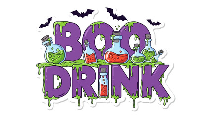 Halloween Boo Drink: Spooky potion bottles overflowing with colorful concoctions are the centerpiece, promising a ghoulishly good time. The vibrant Boo Drink logo, dripping with eerie slime.
