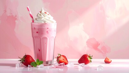 Refreshing pink milkshake in a glass with strawberries