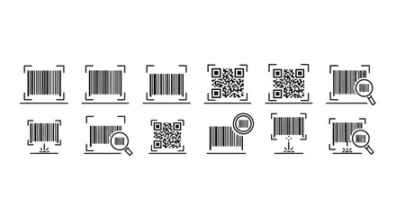 Collection of barcode and qr code icons representing scanning and data technology vector