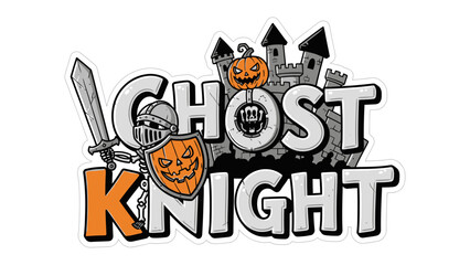 Ghost Knight: A creative illustration of a ghost knight character, embodying the spirit of Halloween with a pumpkin-themed helmet and a backdrop of a spooky castle.