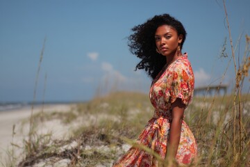 model photographing on the shore