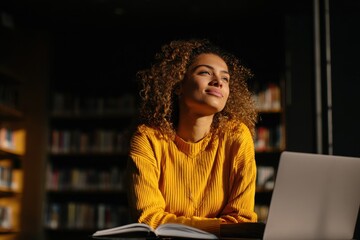 Intelligent Black student with curly hair studying in a library for a seminar using a literature book A modern netbook sits nearby while a dark skinned teen holds a textbook a
