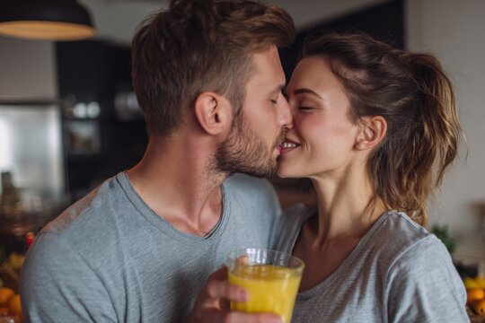 Joyful couple in the kitchen preparing fresh orange juice while sharing a kiss - Powered by Adobe