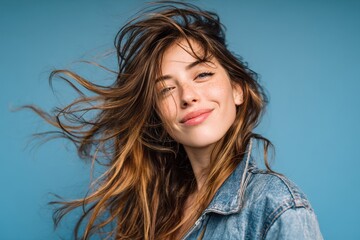 Lovely young woman grinning and facing the camera with her hair billowing against a blue backdrop