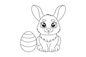 A cute cartoon bunny sits next to a striped easter egg outline rabbit