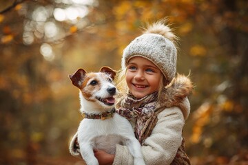 Joyful girl enjoys playful time with her lively Jack Russell in a scenic autumn forest