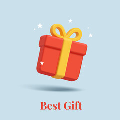 The best gift for winter holidays. 3D red box with yellow ribbon on a blue background, snow, stars. Christmas gift. Vector illustration.