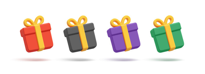 3D set of colorful gifts with yellow ribbon. Icons on white background for holiday, birthday concepts. Vector illustration.