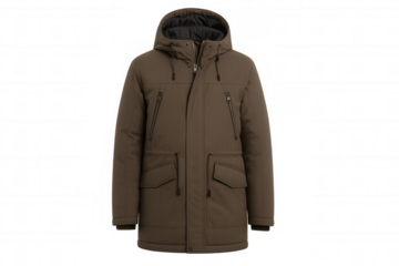 Men's brown hooded parka jacket, warm winter outerwear, fashion clothing for cold weather, transparent background