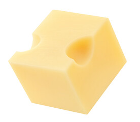 Flying Emmental cheese   cube isolated on white background. Levitating  maasdam cheese piece. Top view. Flat lay 