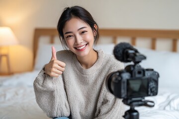 Joyful Asian beauty vlogger creating tutorial content for online learning via a mirrorless camera