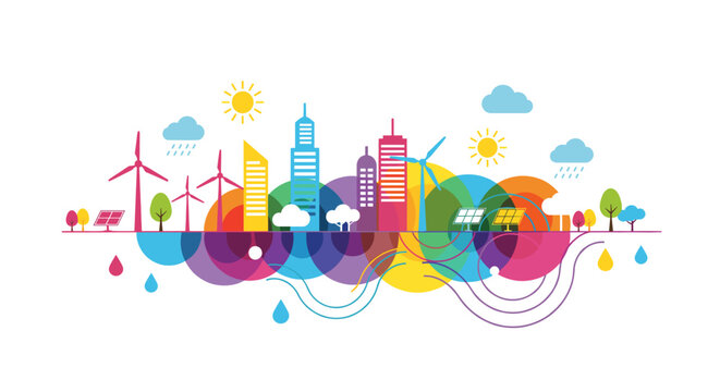 Vibrant eco-friendly city skyline with wind turbines and solar panels promoting sustainability initiatives