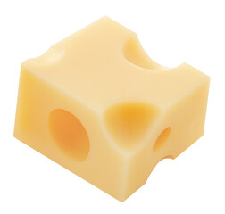 Flying Emmental cheese   cube isolated on white background. Levitating  maasdam cheese piece. Top view. Flat lay 