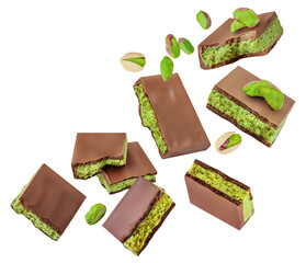 Flying Dubai Chocolate isolated on white background. Chocolate filled with  green pistachio paste and kadayif. Levitaing  trendy Dubai Chocolate