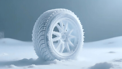 Winter tire covered in snow provides traction on icy roads and terrain