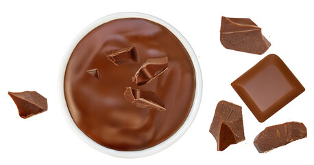 Chocolate cream in bowl isolated on white background.   High-Quality Melted chocolate and chocolate bar pieces top view.  Chocolate spread Flat lay