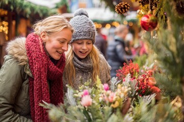 Joyful mother and daughter admiring festive floral displays at a holiday market
