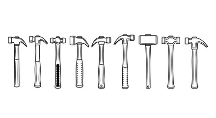 Collection of various hammer types isolated on white for construction and diy projects vector