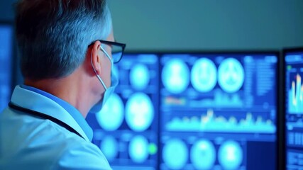 Doctor in a mask with glasses, examining data on a monitor, medical setting - Powered by Adobe