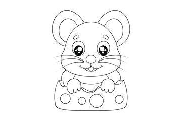 A cute cartoon mouse peeking over a slice cheese with holes vector