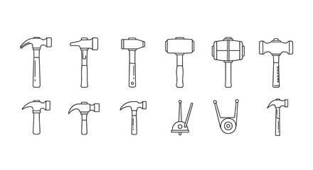 Collection of hand drawn hammers and sledges various tools for construction and diy projects vector