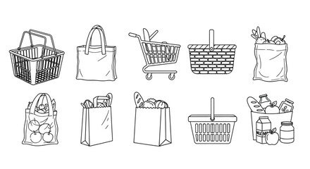 Hand drawn grocery shopping icons set fresh food delivery cart basket bag and produce line art vector © mahafuza