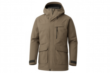 Hooded brown winter parka coat for men, protecting against cold weather, comfortable outdoor clothing, transparent background